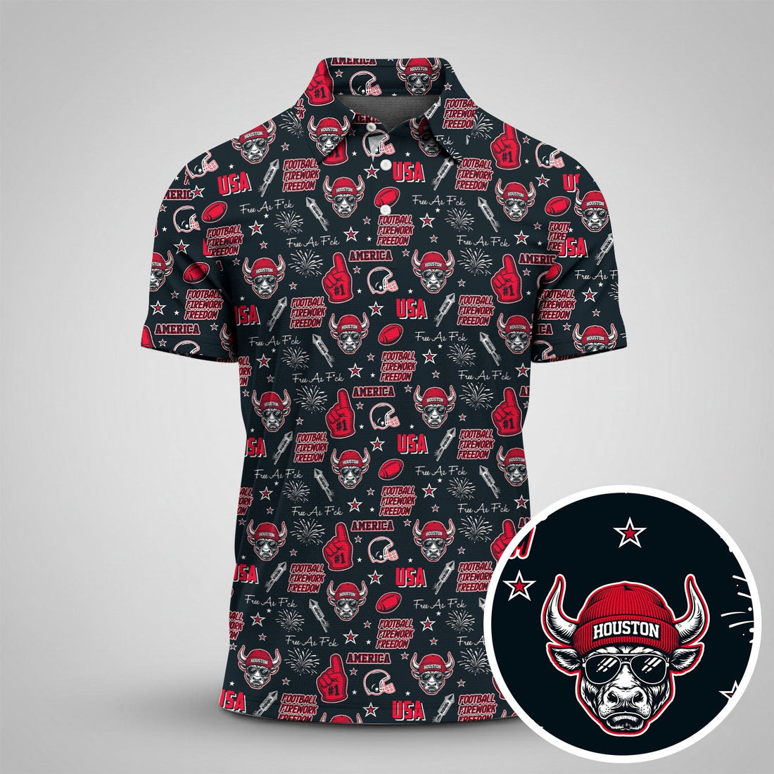 Fighting Bull Deep Steel Blue Battle Red Sport Polo, American Football League Gift Ideas For Football Fans