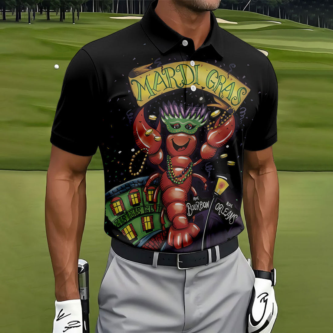 Mardi Gras Crawfish Rue Bourbon Black Golf Shirt, Polo ShirtFor Men, Golf Shirts For Men