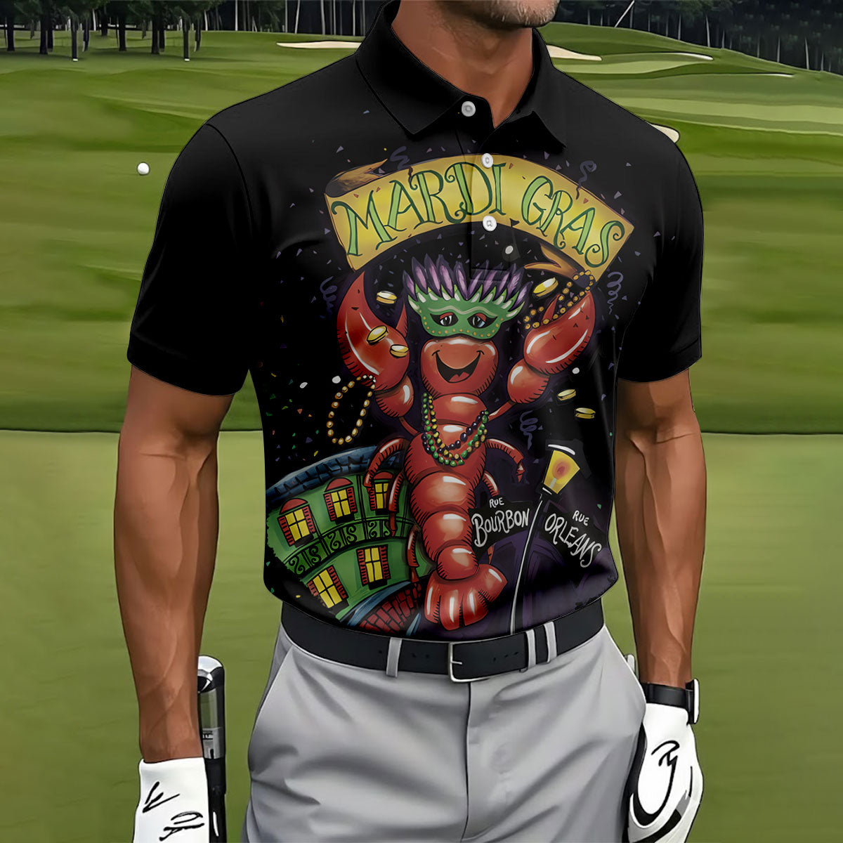Mardi Gras Crawfish Rue Bourbon Black Golf Shirt, Polo ShirtFor Men, Golf Shirts For Men