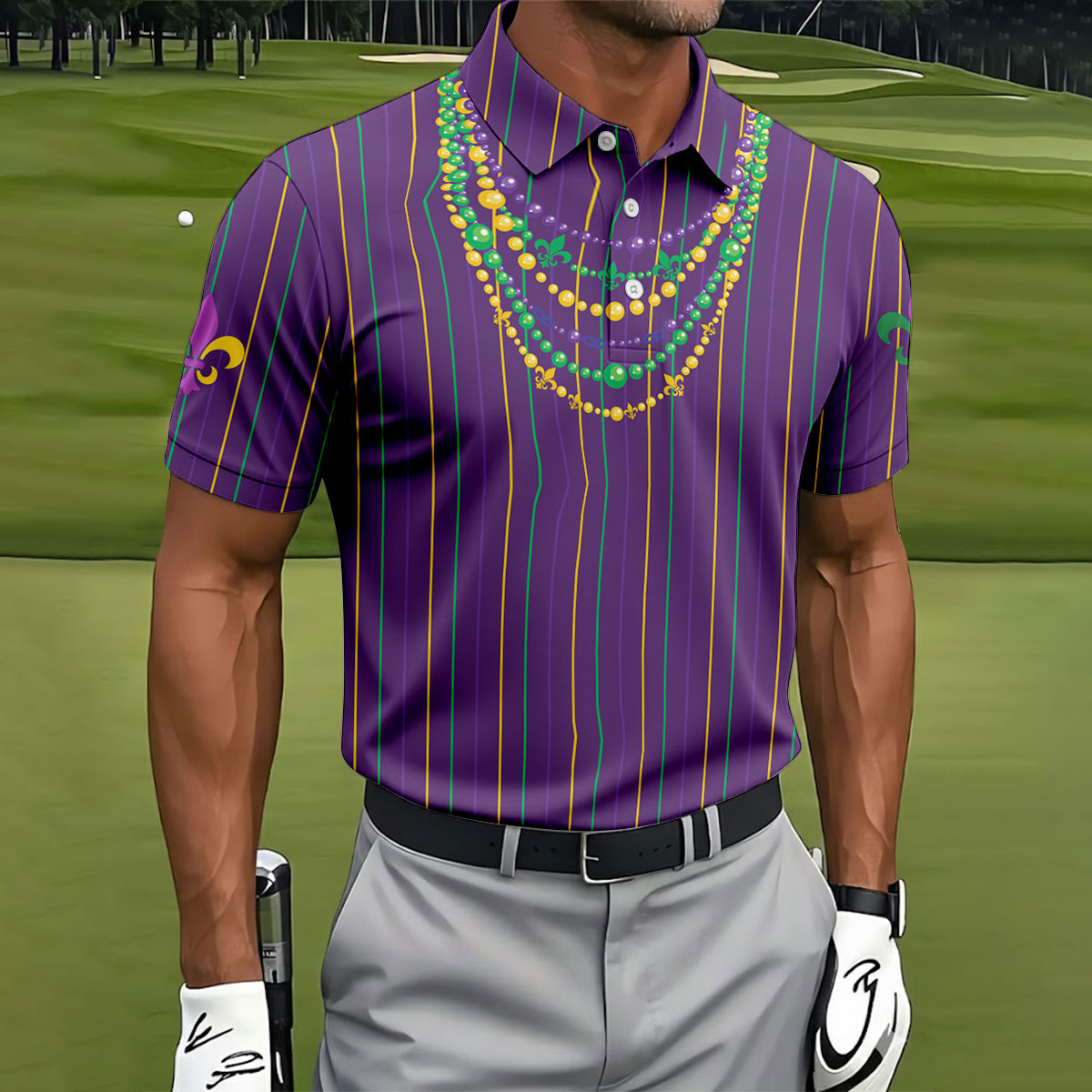 Mardi Gras Beads Necklaces Print Purple Golf Shirt, Golf Tops For Men, Polo ShirtFor Men, Golf Shirts For Men