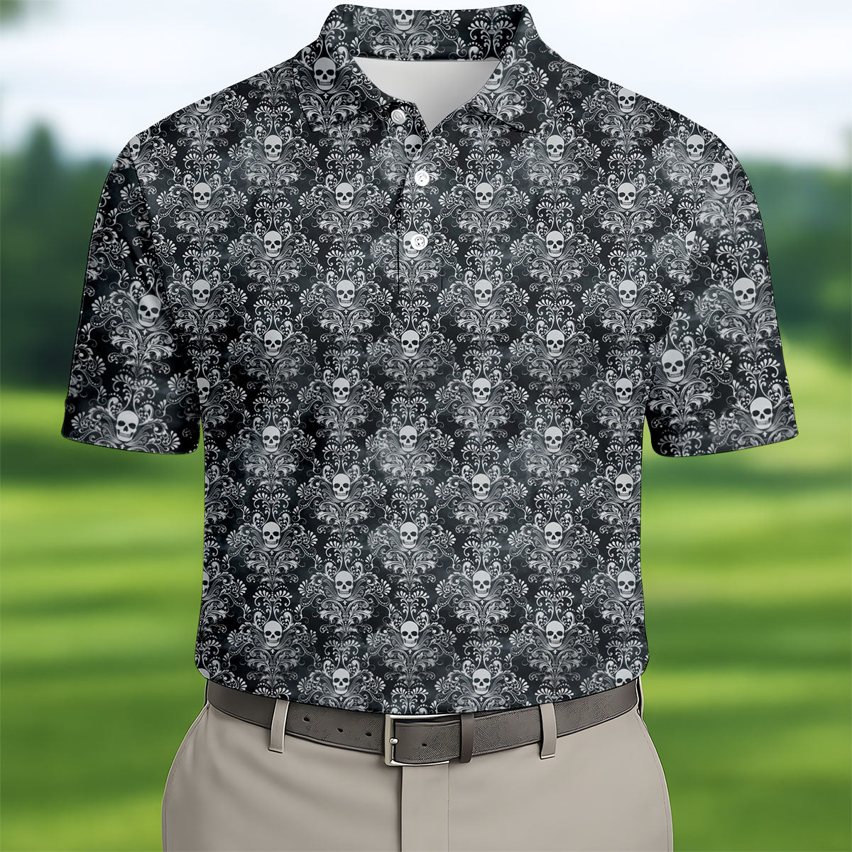 Skull Damask Charcoal Grey Gothic Floral Golf Tops For Men, Polo Shirtor Men, Golf Shirts For Men