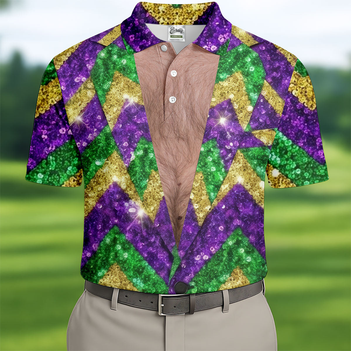 Mardi Gras Purple Green Gold Printed Sequin Zigzag Pattern Golf Shirts For Men, Men's Funny Golf Shirts
