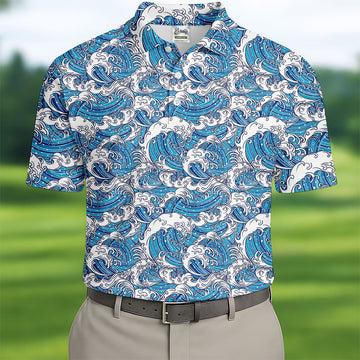 Blue Ocean Wave Pattern Golf Shirt, Hawaiian Golf Shirt, Mens Golf Shirts, Golf Apparel For Men