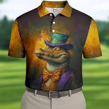 Mardi Gras Aligator Retro Golf Shirt, Golf Tops For Men, Polo ShirtFor Men, Golf Shirts For Men