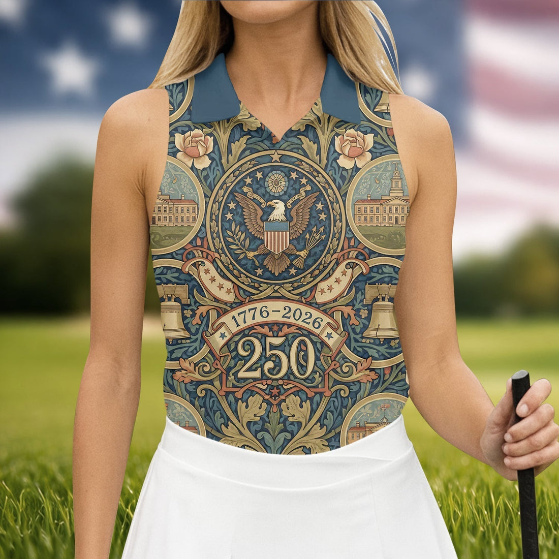 250th Anniversary Semiquincentennial American Landmarks Floral Golf Shirt, Golf Shirt For Women, Patriotic Golf Shirt