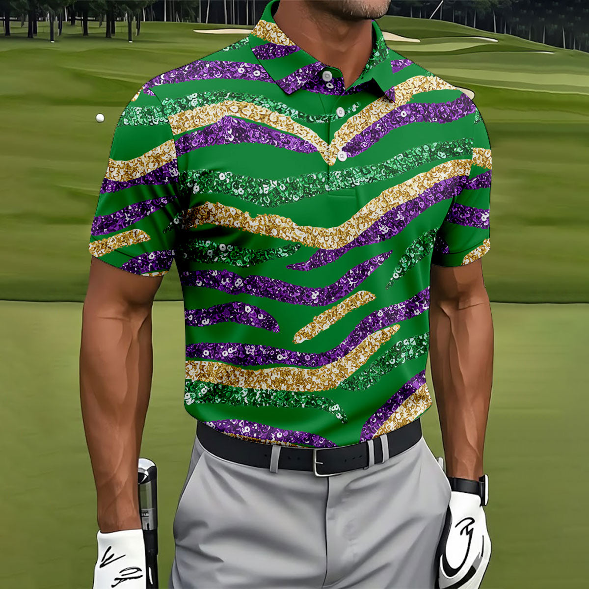 Purple Green Gold Sequin Pattern Green Golf Shirt, Mardi Gras Golf Shirt, Polo ShirtFor Men