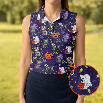 Purple Halloween Cats And Pumpkin Fun Women's Golf Shirts, Cute Golf Outfit, Ladies Golf Shirts