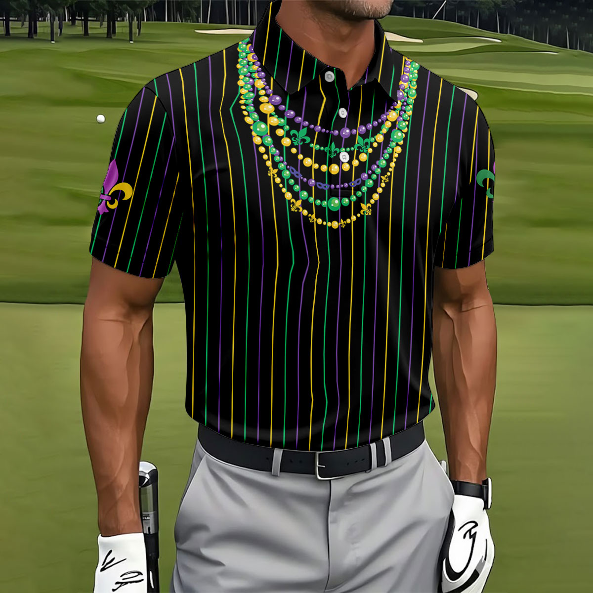 Mardi Gras Beads Necklaces Print Black Golf Shirt, Golf Tops For Men, Polo ShirtFor Men, Golf Shirts For Men