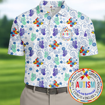 Autism Awareness Colors Puzzles Butterfly Floral Golf Shirt, Golf Tops For Men, Golf Shirts For Men