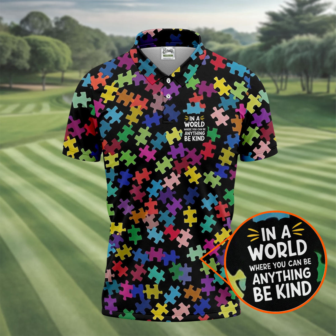 In A World Where You Can Be Anything Be Kind Autism Awareness Puzzle Pattern Men's Golf Shirt, Polo Shirt Men