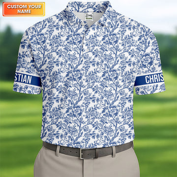 Toile De Jouy Blue Golf Shirt, Golf Tops For Men, Polo ShirtFor Men, Golf Gift For Men, Golf Shirts For Men
