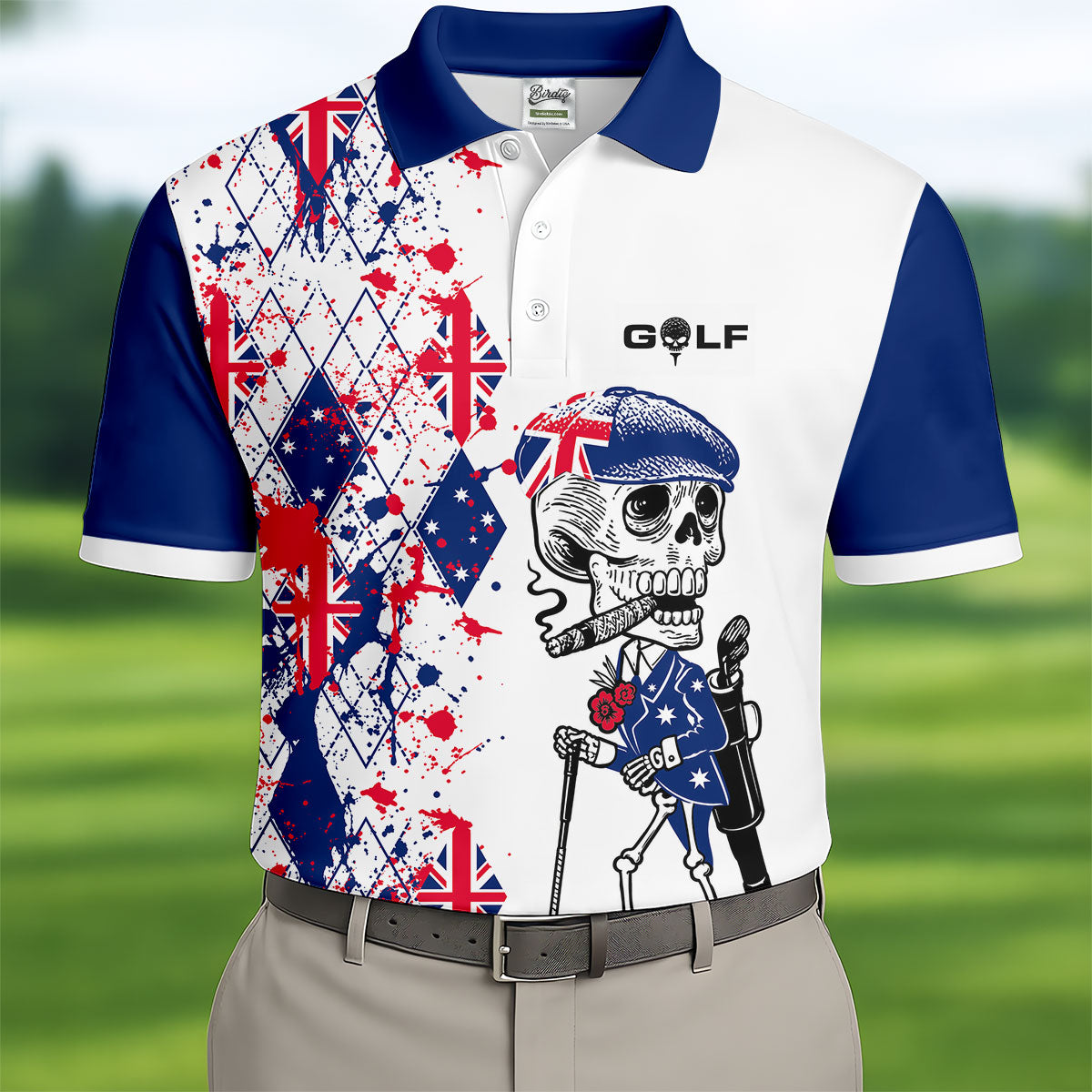 Swing Swear Look For Ball Repeat Australia Flag Print Skeleton Golfer Argyle Golf Shirt, Polo Shirtor Men