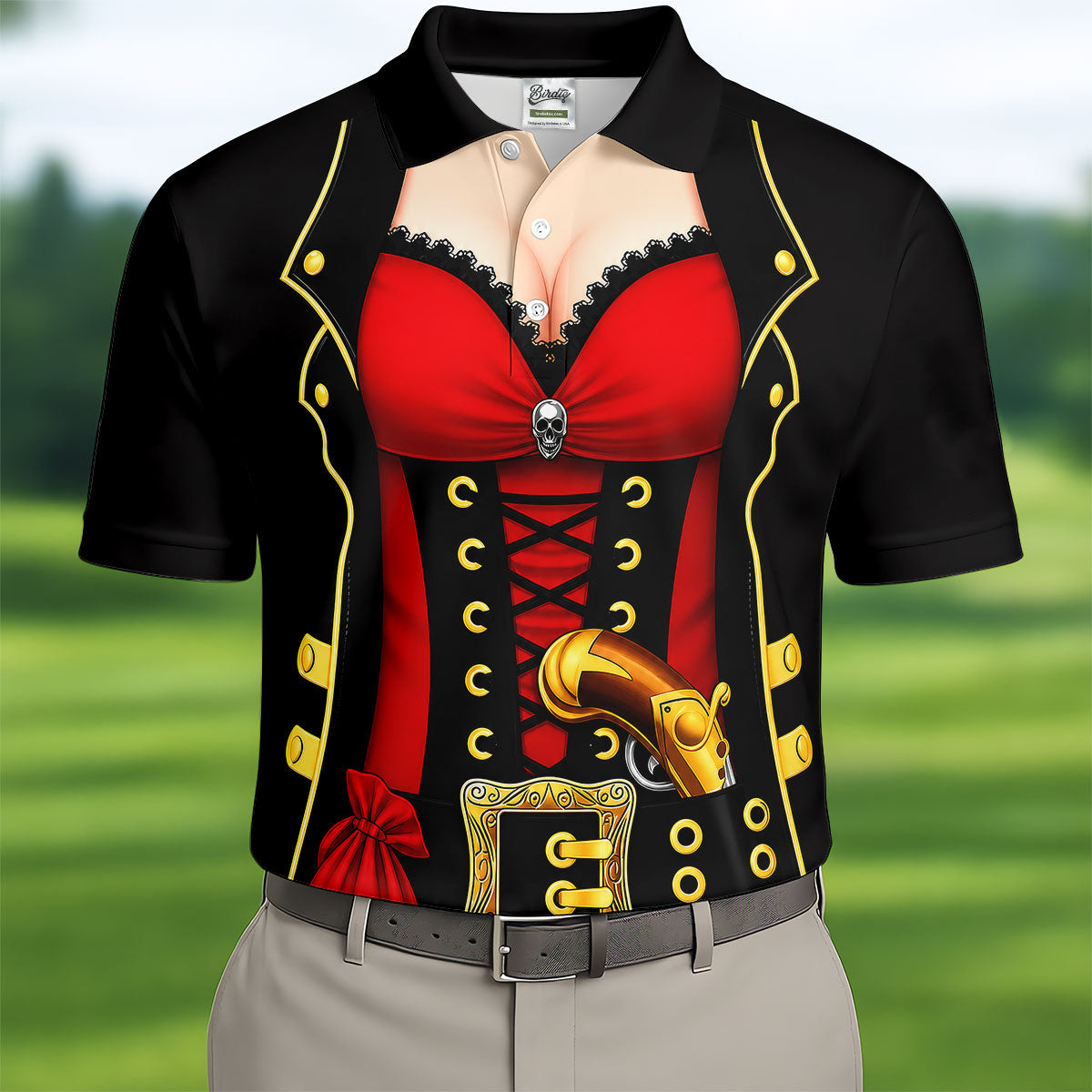 Red Corset Pirate Costume Skull Belt Golf Shirt, Mens Golf Polo, Golf Apparel For Men, Printed Golf Shirts
