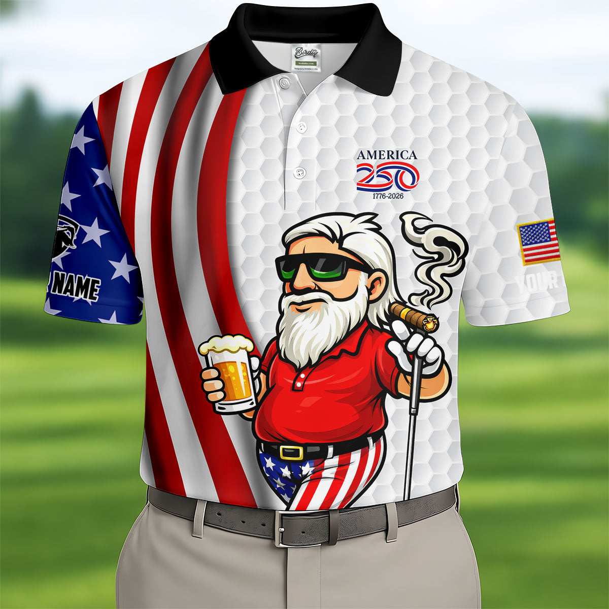 America 250 Patriotic Man 4th Of July White Golf Shirt, Golf And Beer Golf Shirts For Men