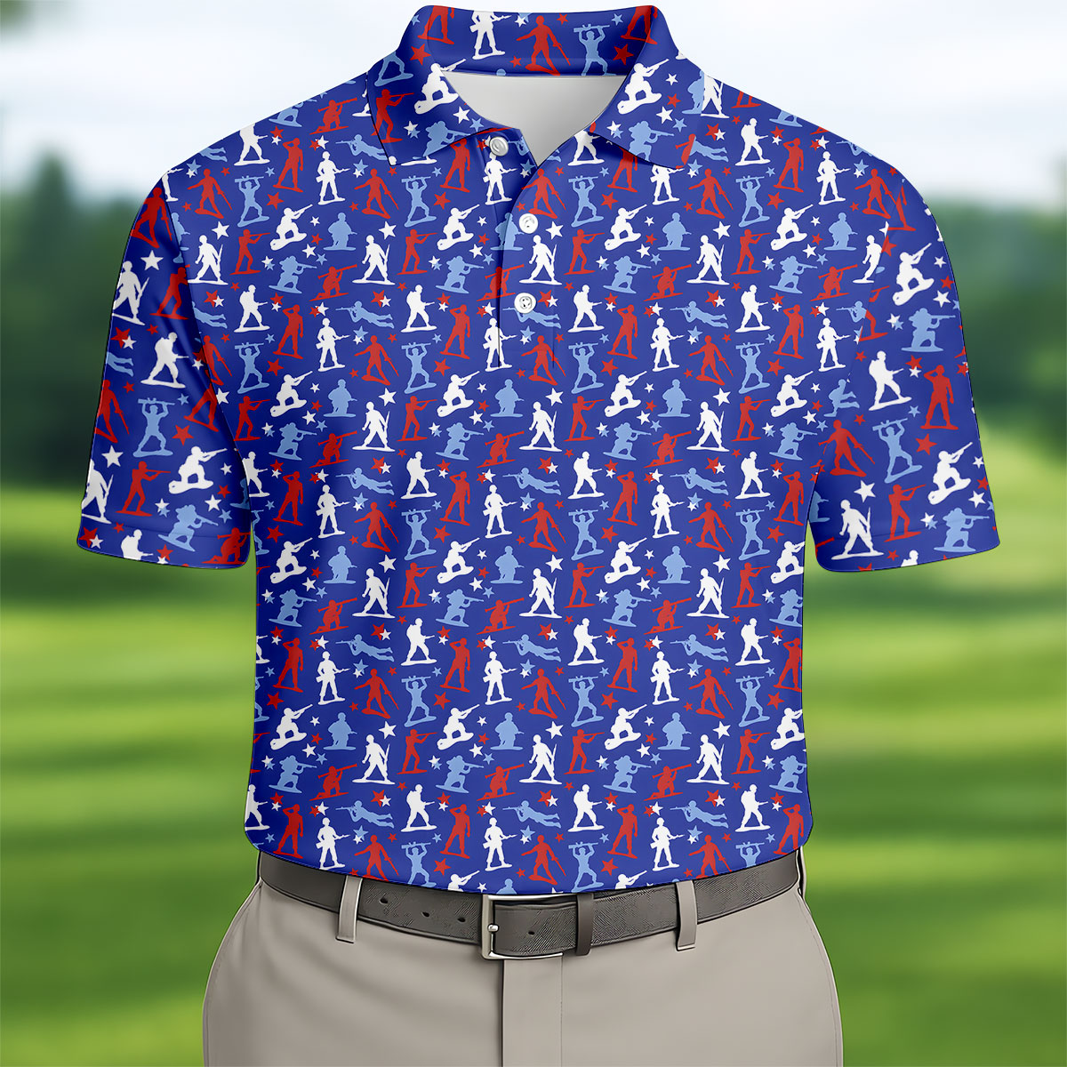 Red White Blue Soldier Pose Patriotic 4th Of July Golf Shirt, 250th Anniversary Golf Shirts For Men