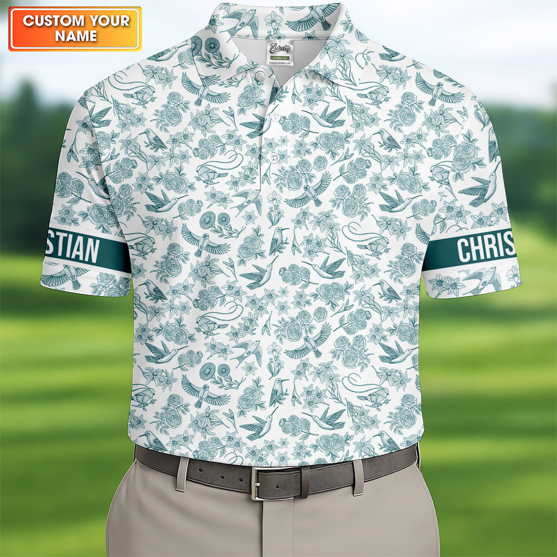 Custom Name Toile de Jouy Birds And Flowers Teal And White Polo ShirtFor Men, Golf Gift For Men