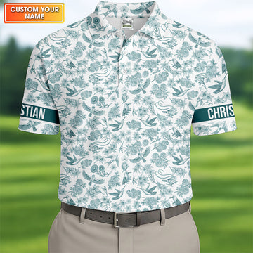 Custom Name Toile de Jouy Birds And Flowers Teal And White Polo ShirtFor Men, Golf Gift For Men