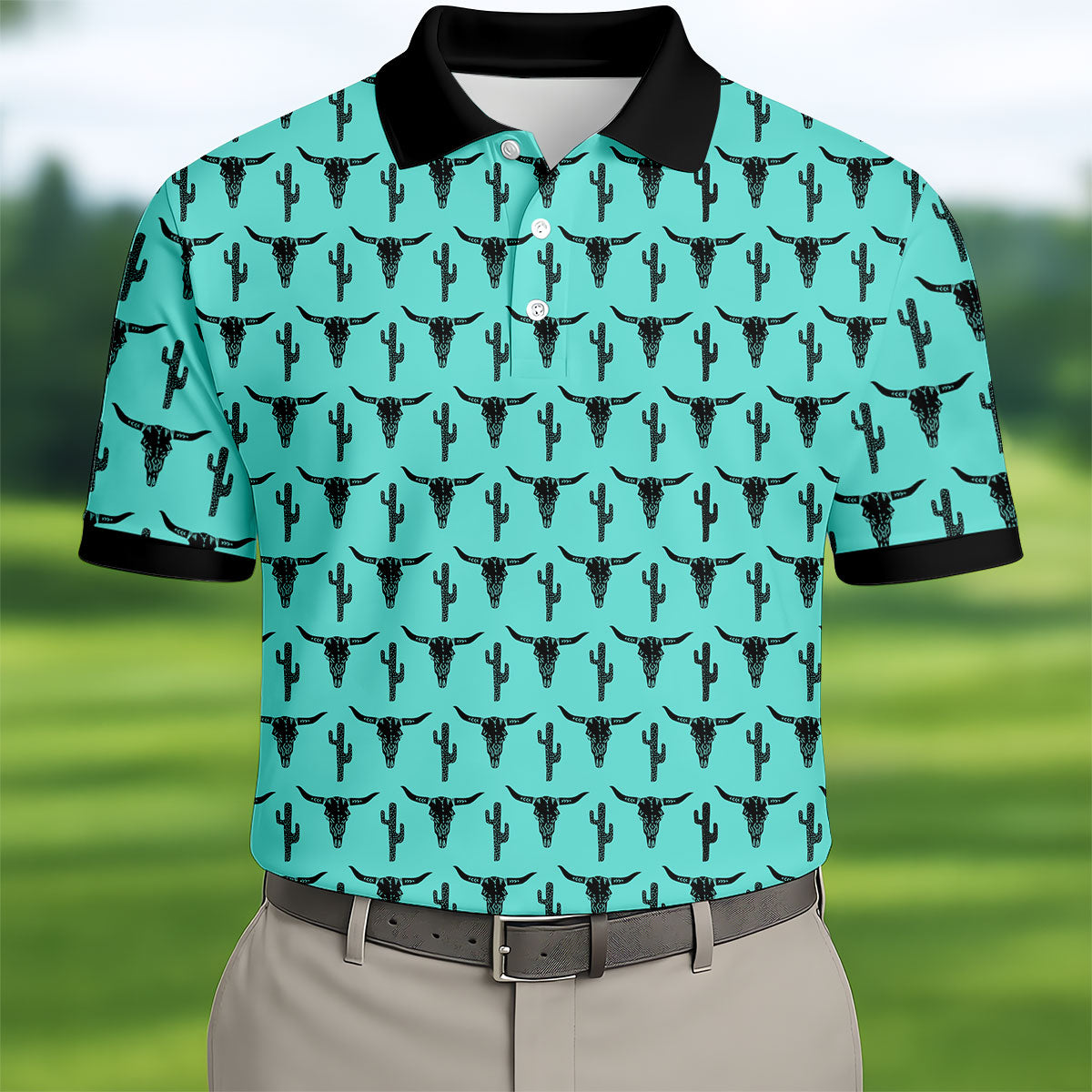 Longhorn Cow Skull Western Theme Peacock Blue Golf Tops For Men, Polo Shirtor Men, Golf Shirts For Men