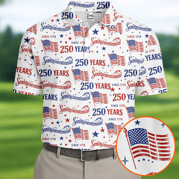 Semiquincentennial 250 Years Distressed American Flag Golf Shirt, Patriotic 4th Of July Golf Shirts For Men