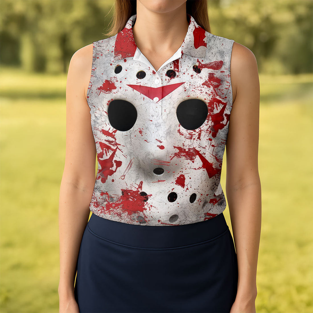 Creepy Horror Face Women's Golf Tops, Horror Cosplay Ladies Golf Polos, Halloween Golf Shirt