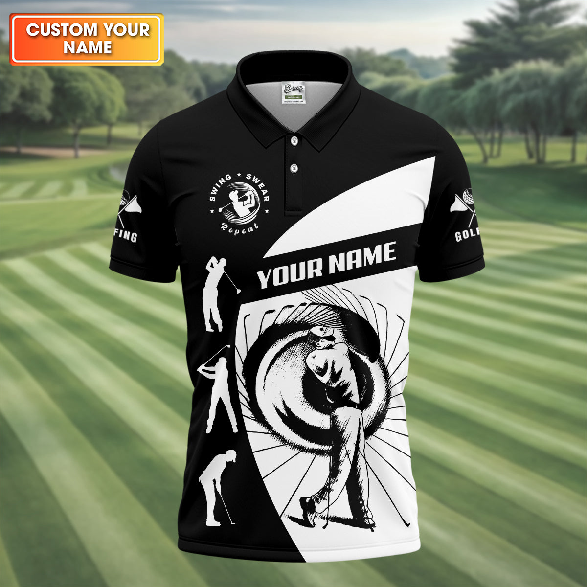 Swing Swear Repeat Custom Funny Golf Polo ShirtDad Golf Gifts