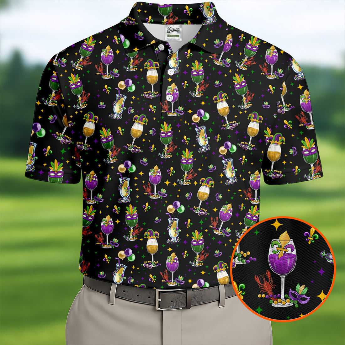 Mardi Gras Wine Glass Beaded Garland Fleur De Lis Black Golf Shirt, Polo ShirtFor Men, Golf Shirts For Men