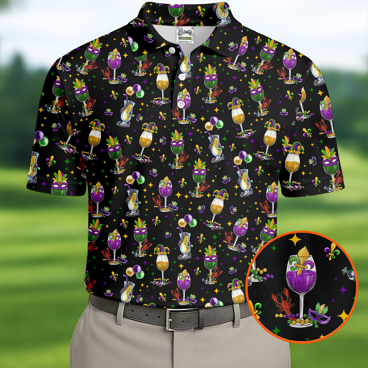 Mardi Gras Wine Glass Beaded Garland Fleur De Lis Black Golf Shirt, Polo ShirtFor Men, Golf Shirts For Men
