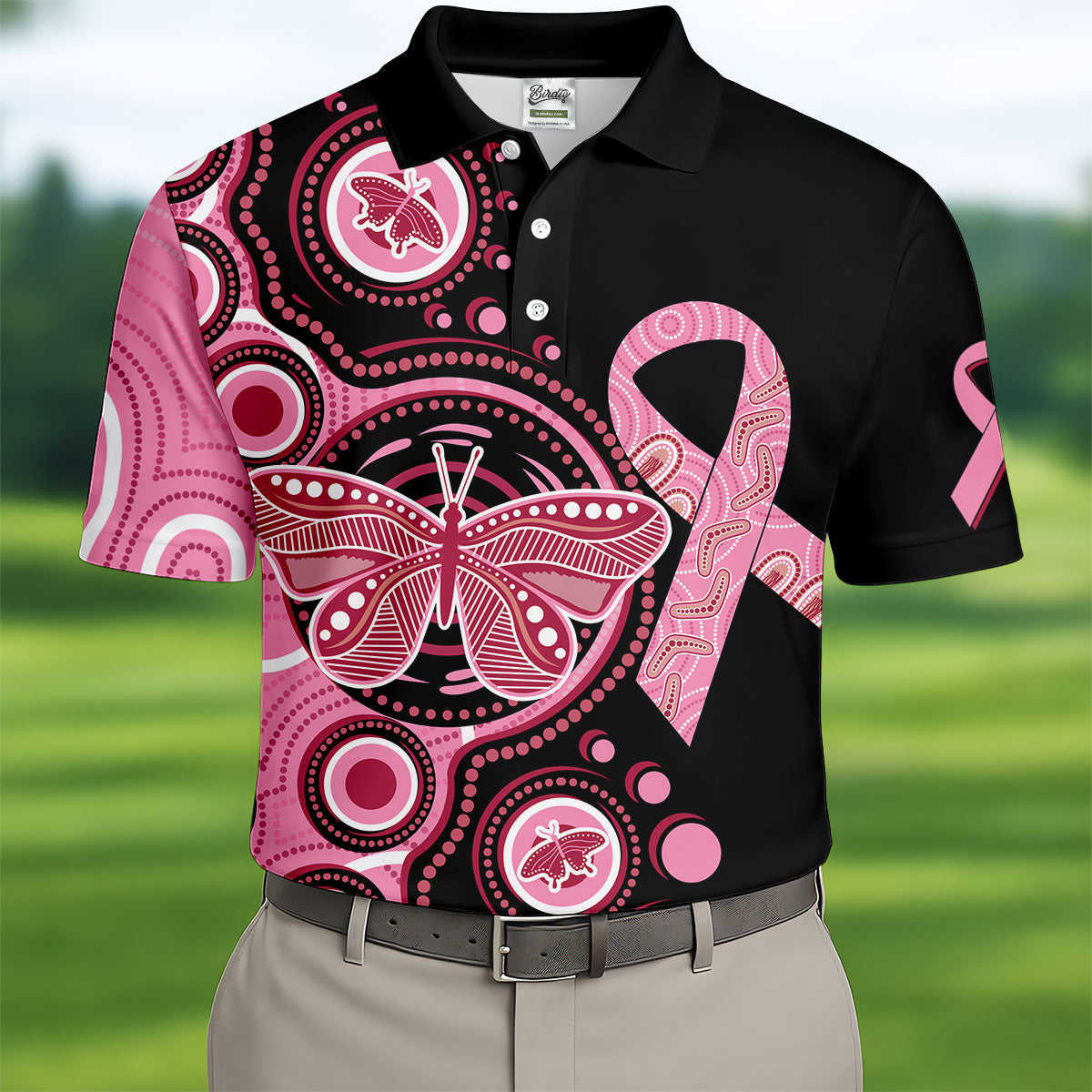 Breast Cancer Pink Butterfly Golf Tops For Men, Cancer Awareness Shirt, Polo ShirtFor Men