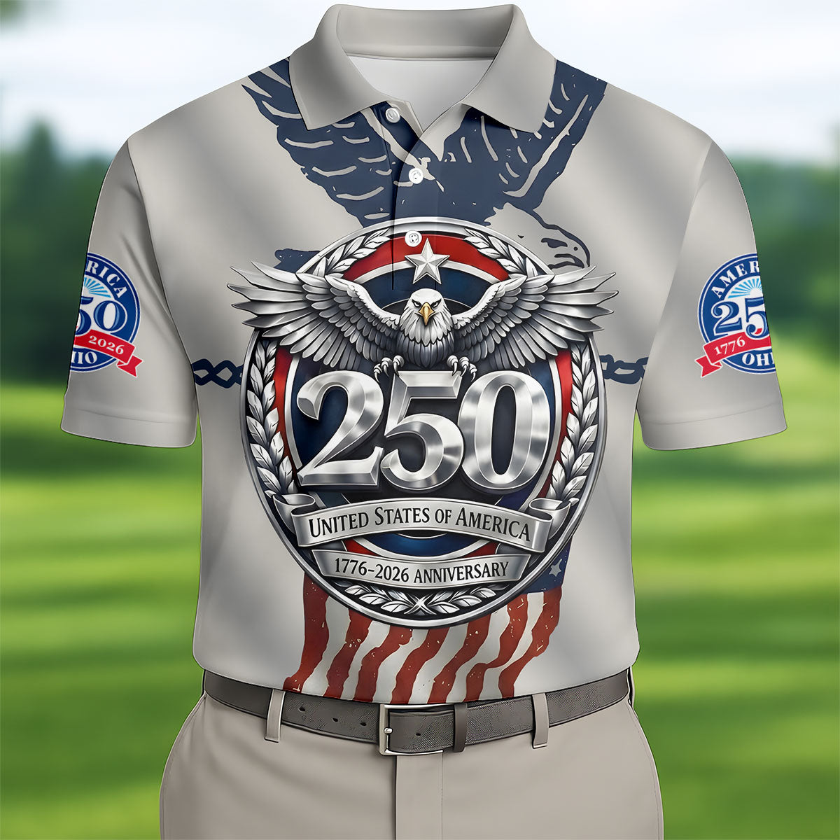 250 US 1776-2026 Anniversary Silver Print Golf Tops For Men, Patriotic 4th Of July Golf Shirts For Men