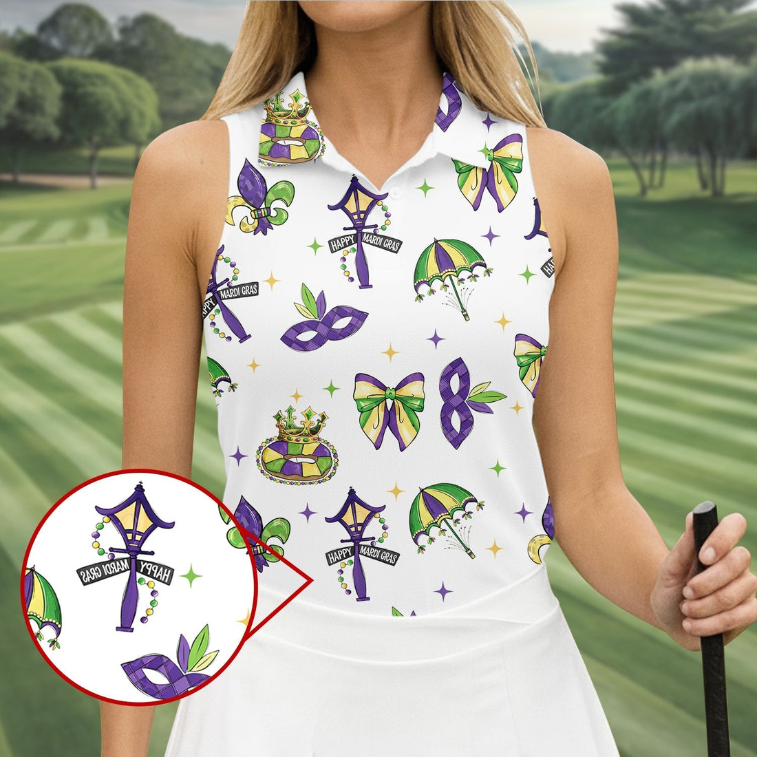 Fleur De Lis Carnival Masks Happy Mardi Gras White Golf Shirt, Golf Shirt For Women, Ladies Golf Polos