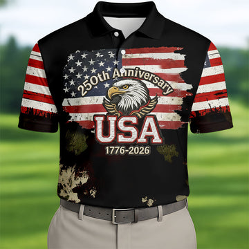 250th Anniversary USA 1776-2026 Distressed Flag Men's Golf Polo ShirtPatriotic 4th Of July Golf Shirt