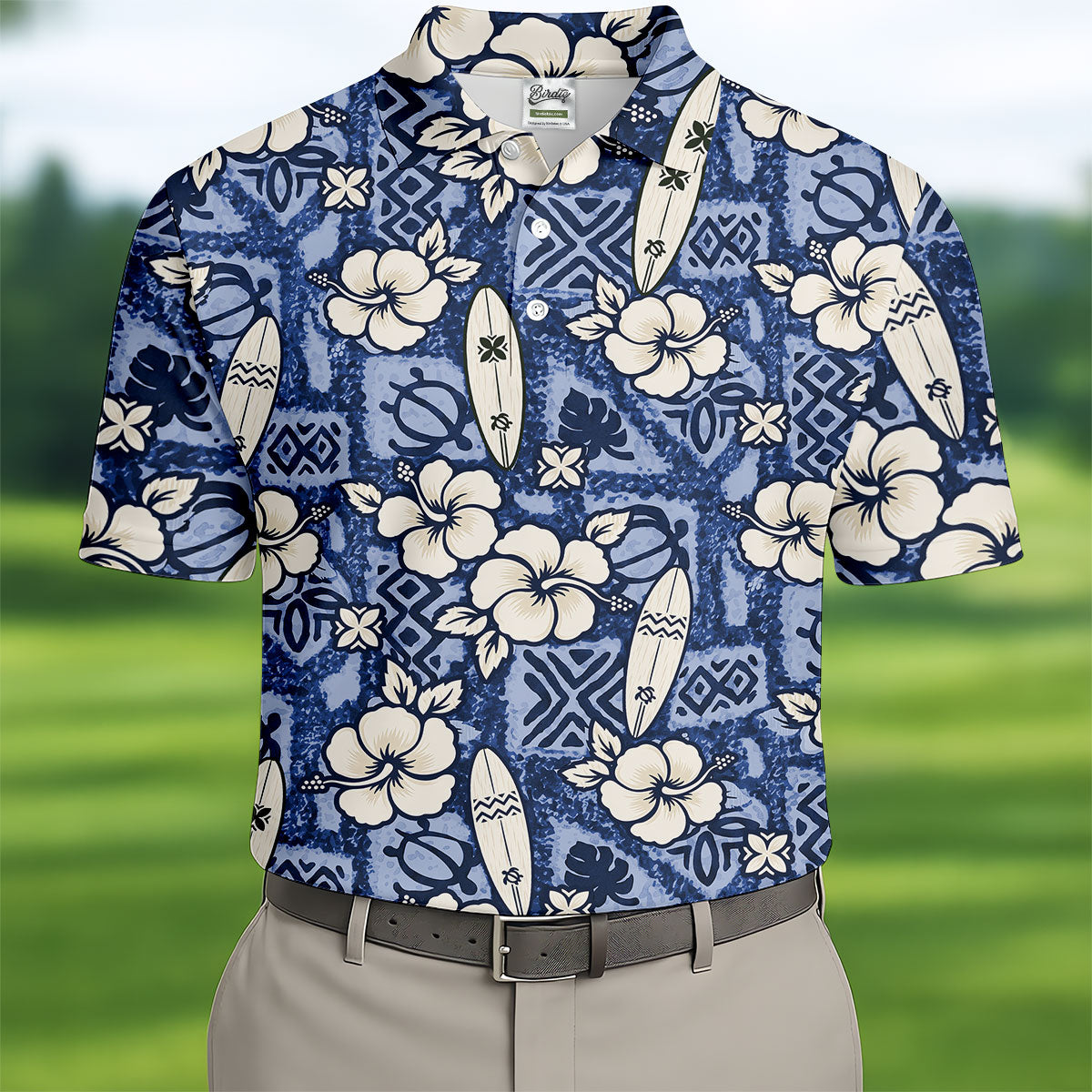 Blue Hawaiian Surfboard Hibiscus Design Hawaiian Golf Shirt, Golf Shirts For Men, Polo Shirts For Men