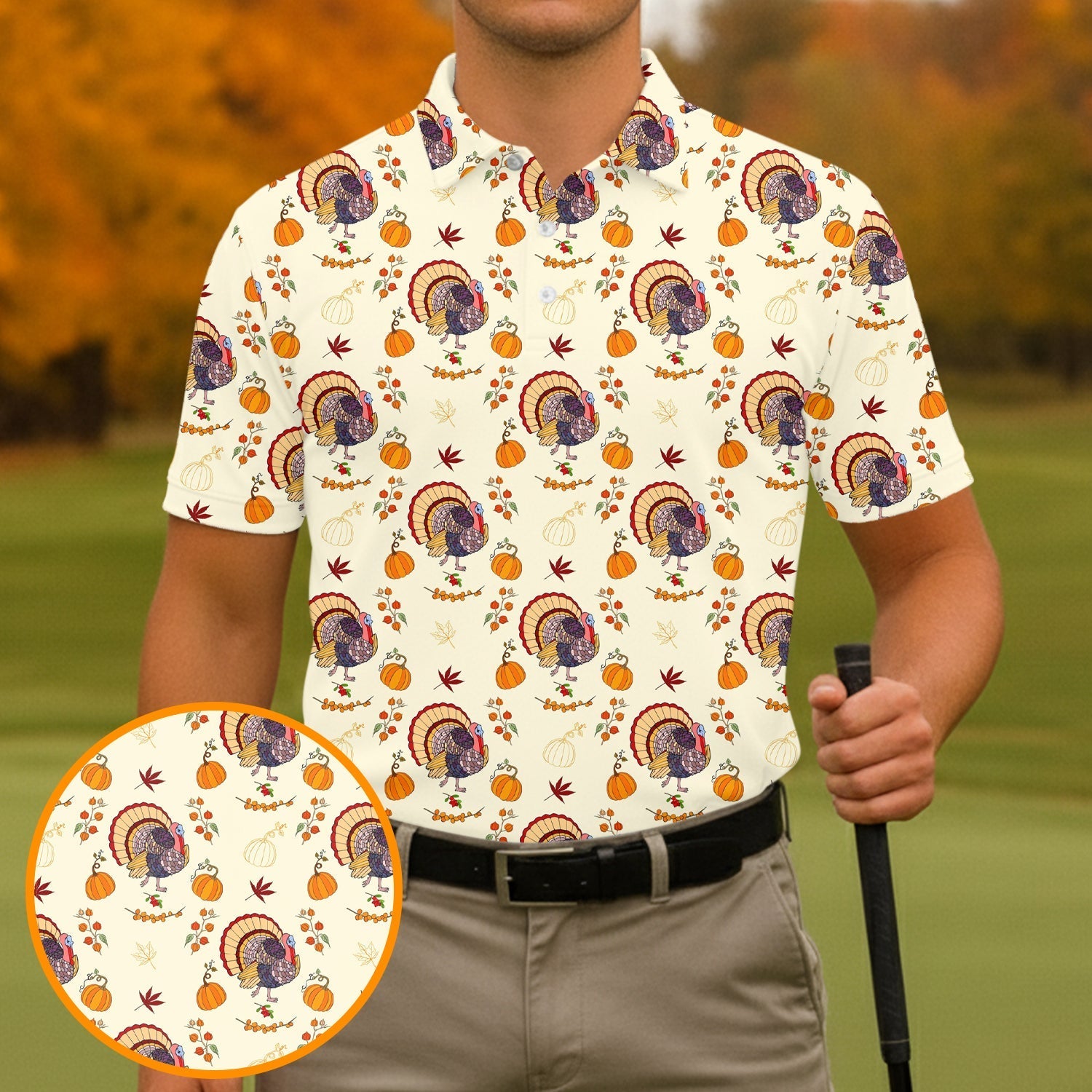 Turkey Pumpkin Thanksgiving Holiday Beige Golf Tops For Men, Polo ShirtFor Men, Golf Gift For Men, Golfing Apparel