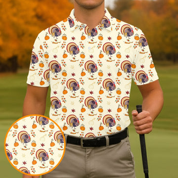Turkey Pumpkin Thanksgiving Holiday Beige Golf Tops For Men, Polo ShirtFor Men, Golf Gift For Men, Golfing Apparel