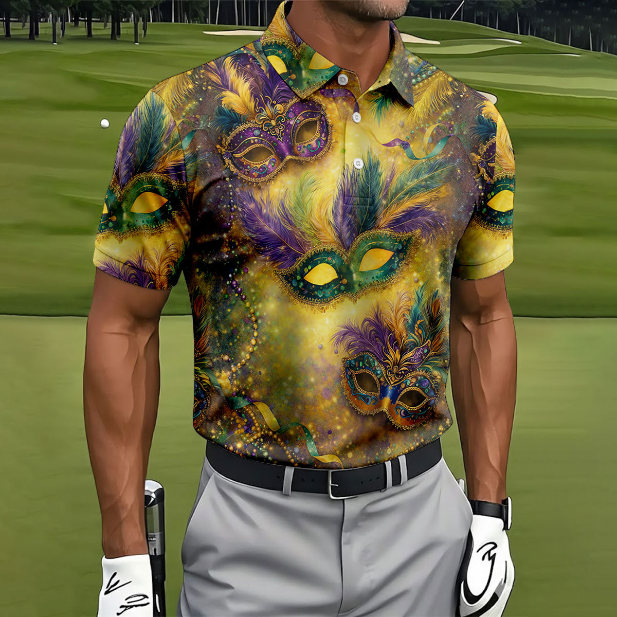 Masquerade Mask Beads Chain Sparkling Effect Mardi Gras Golf Shirt, Polo ShirtFor Men, Golf Shirts For Men