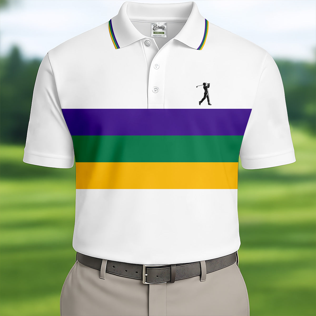 Mardi Gras Purple Green Gold Horizontal Stripes White Golf Shirt, Golf Tops For Men, Polo ShirtFor Men