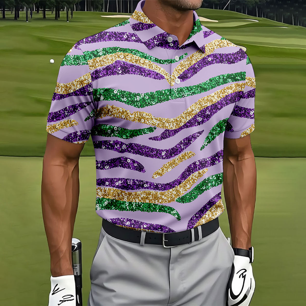 Purple Green Gold Sequin Pattern Light Purple Mardi Gras Golf Shirt, Polo ShirtFor Men, Golf Shirts For Men