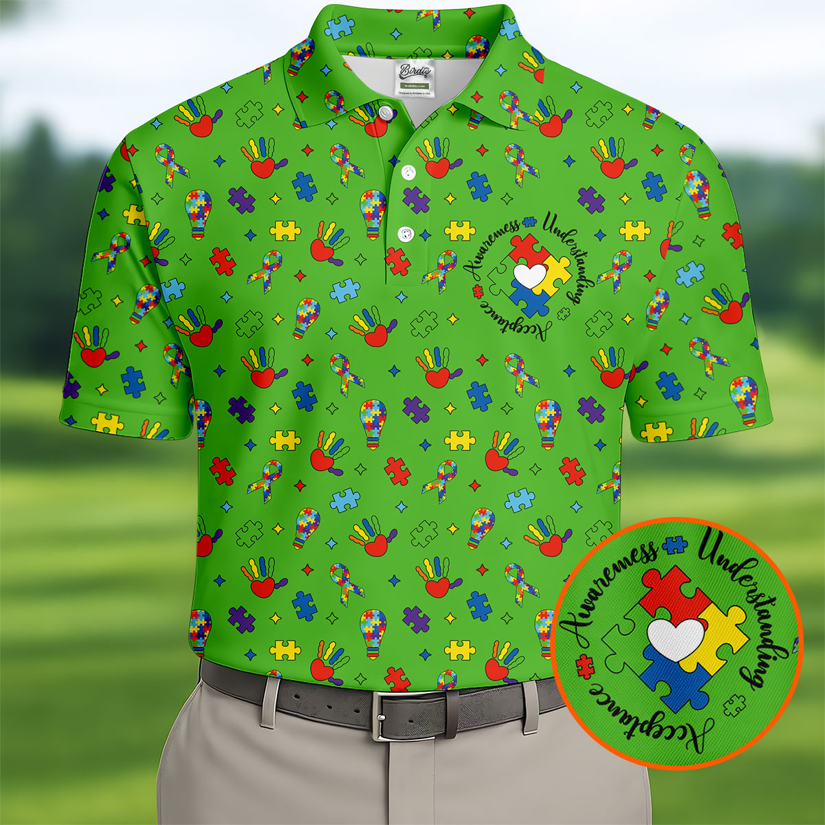 Awareness Understanding Acceptance Autism Ribbon Green Golf Shirt, Autism Awareness Colors Golf Shirts For Men
