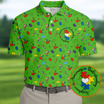Awareness Understanding Acceptance Autism Ribbon Green Golf Shirt, Autism Awareness Colors Golf Shirts For Men