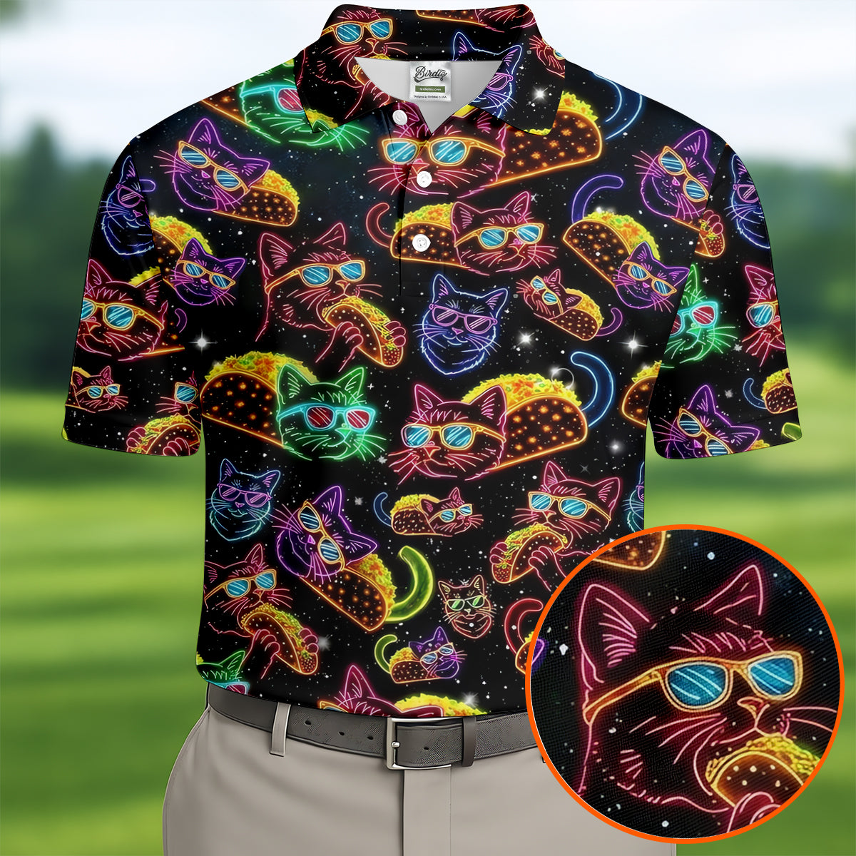 Neon Cat Taco Fiesta Time Hawaiian Golf Shirt, Cinco De Mayo Celebration Golf Shirts For Men