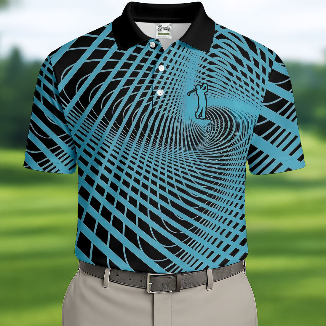 Swirling Vortex Black And Light Blue Golf Shirts For Men, Polo ShirtFor Men, Golfing Apparel