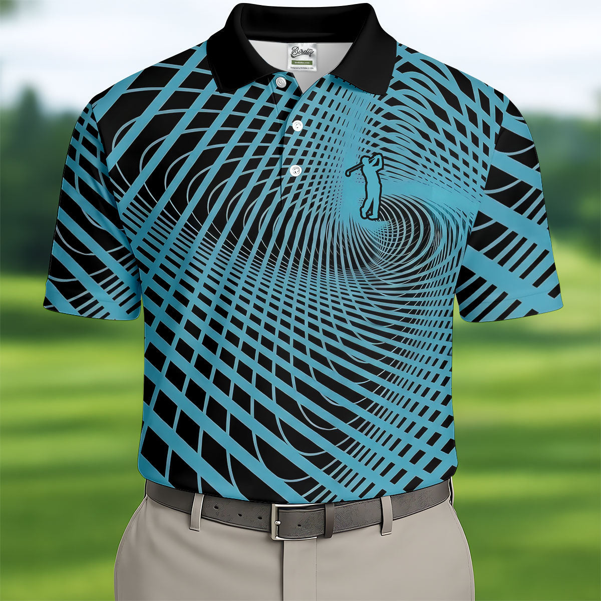 Swirling Vortex Black And Light Blue Golf Shirts For Men, Polo ShirtFor Men, Golfing Apparel