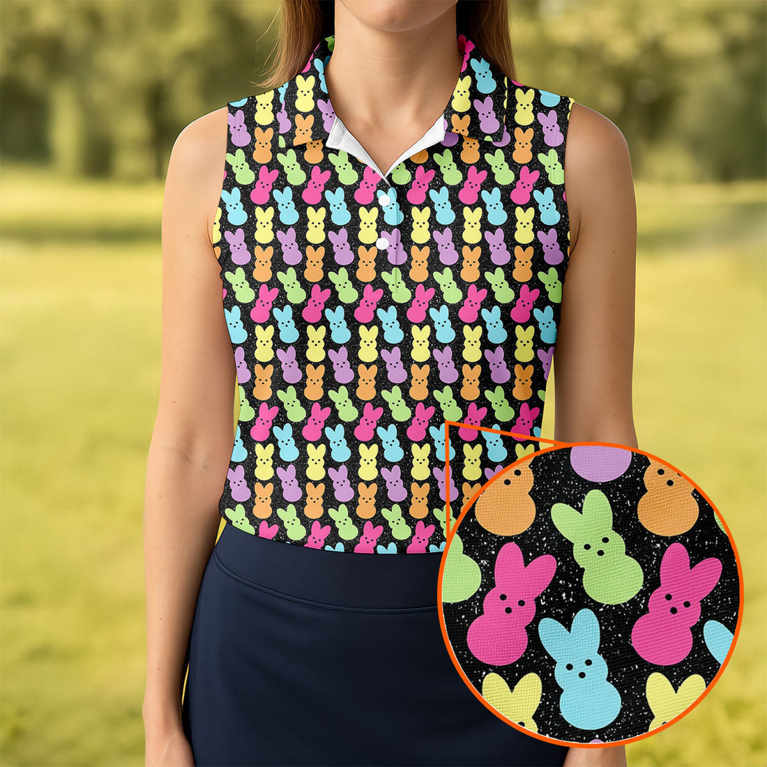 Colorful Easter Peeps Black Golf Shirt, Women Golf Top, Cute Golf Outfit, Ladies Golf Shirts
