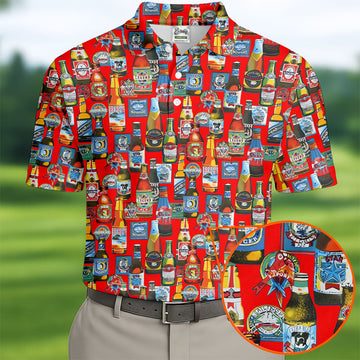 Beer Bottle Labels Red Golf Shirt, Men's Funny Golf Shirts, Golf Tops For Men, Golf Shirts For Men