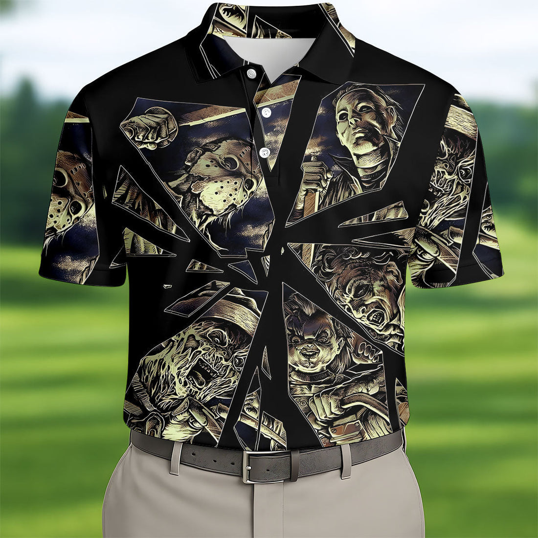Broken Glass Horror Character Collage Golf Polo Shirt, Mens Golf Shirts, Hawaiian Golf Shirt