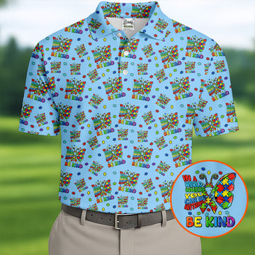 In A World Where You Can Be Anything Be Kind Rainbow Butterfly Autism Awareness Blue Golf Shirt, Golf Shirts For Men