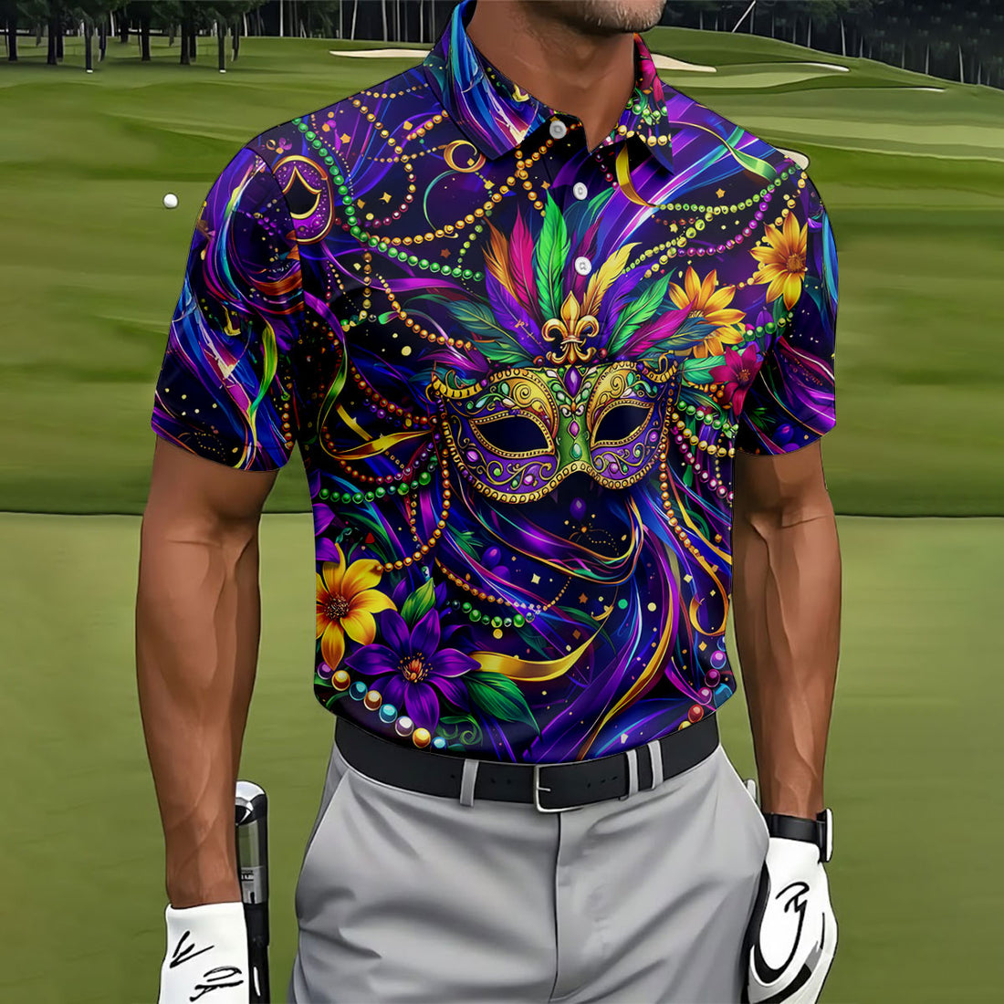 Mardi Gras Beads Ribbons Feather Masquerade Mask Print Golf Shirt, Golf Polo Shirtlf Tops For Men