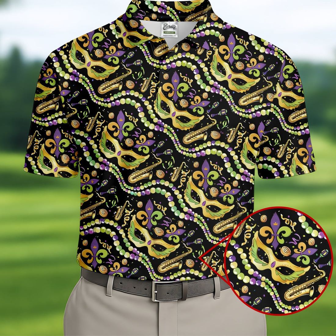 Gold Masquerade Mask Beads String Mardi Gras Golf Shirt, Polo ShirtFor Men, Golf Shirts For Men
