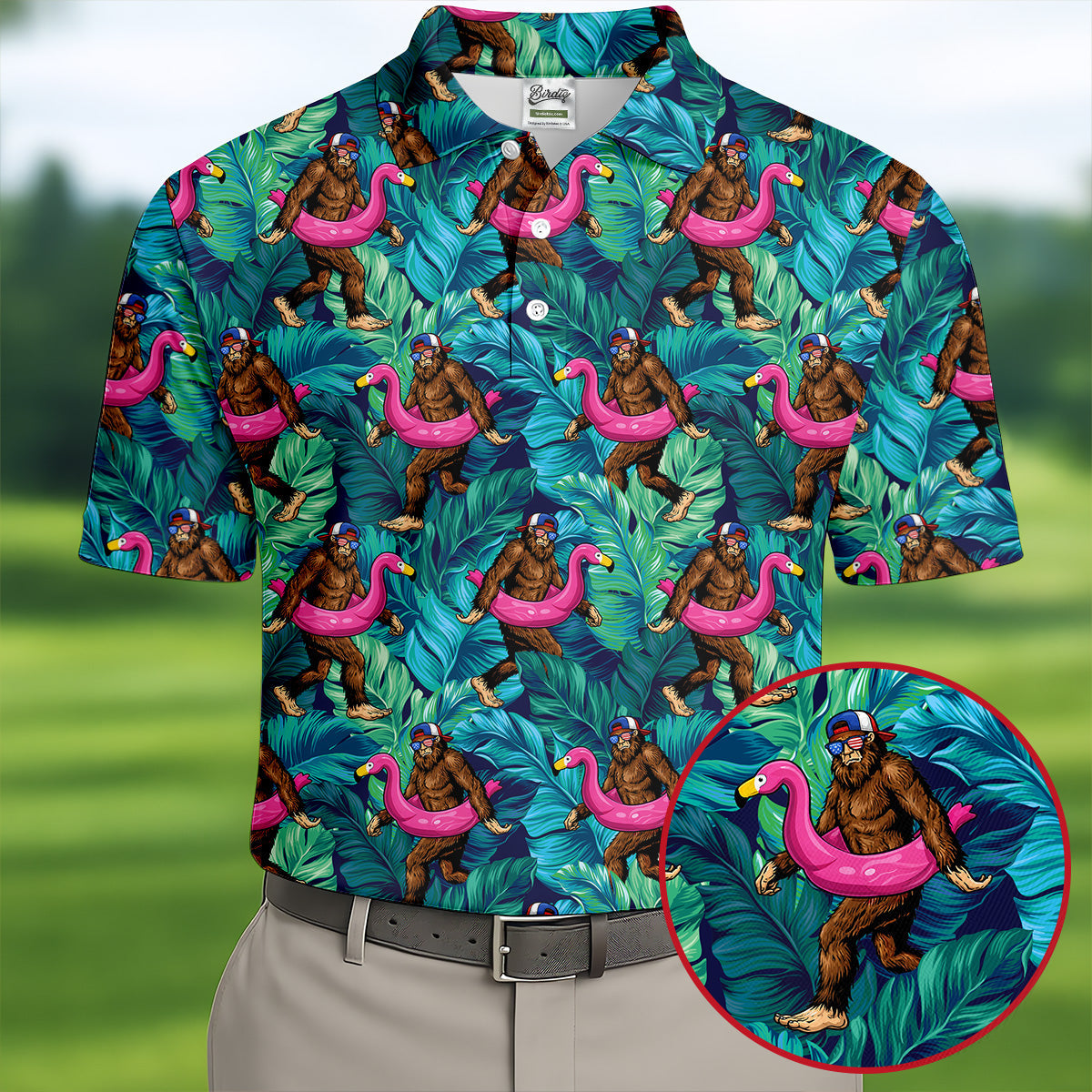 Tropical Flamingo Bigfoot Golf Shirt, 250 Years 4th Of July Patriotic Golf Shirts For Men
