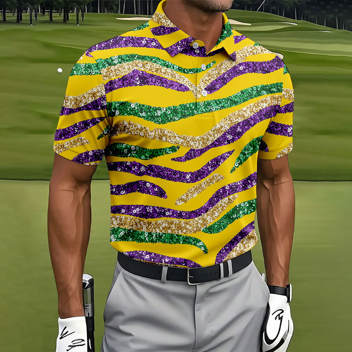 Purple Green Gold Sequin Pattern Yellow Golf Shirt, Mardi Gras Golf Shirt, Polo ShirtFor Men
